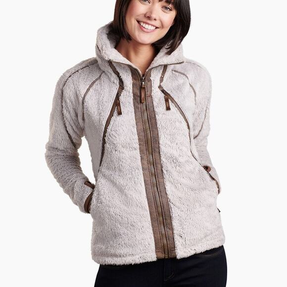 Kuhl Women’s Tan Soft Sherpa Stowaway Hood Suede Trim Flight Jacket Monogram P - Picture 1 of 16